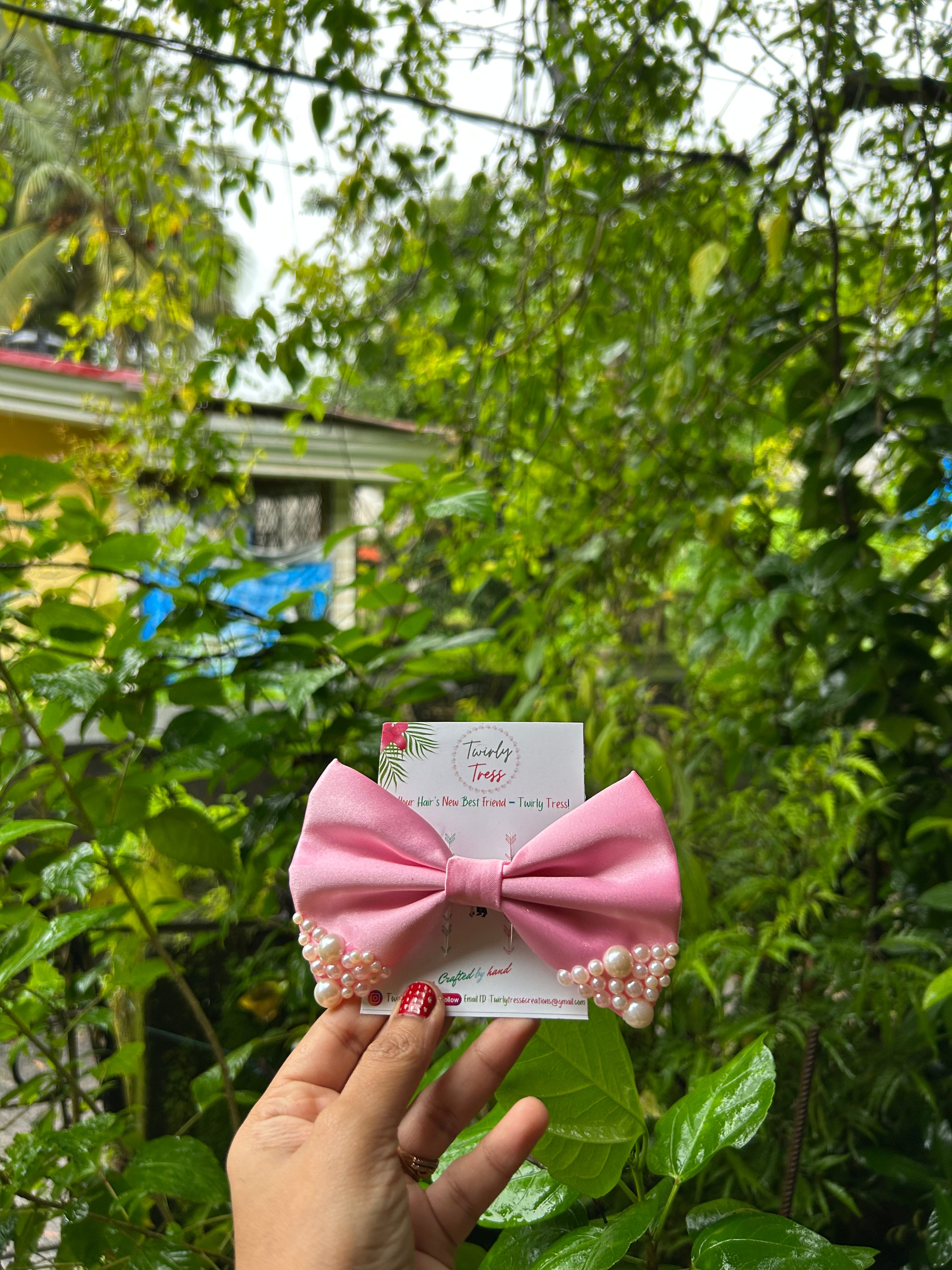 Pink Satin Pearl Bow